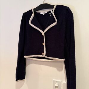 Frame Denim Navy Cropped V-Neck Cardigan with Cream Trim